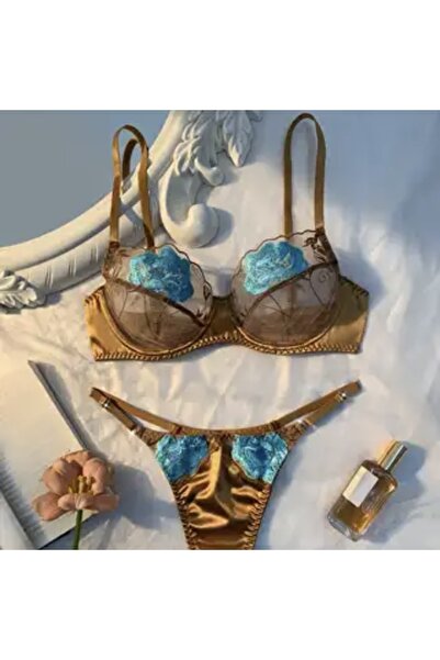 Accessories Hei Bronze Embroidered Lace Stylish Shiny Sexy Women's Daily Two-Piece Underwear Set