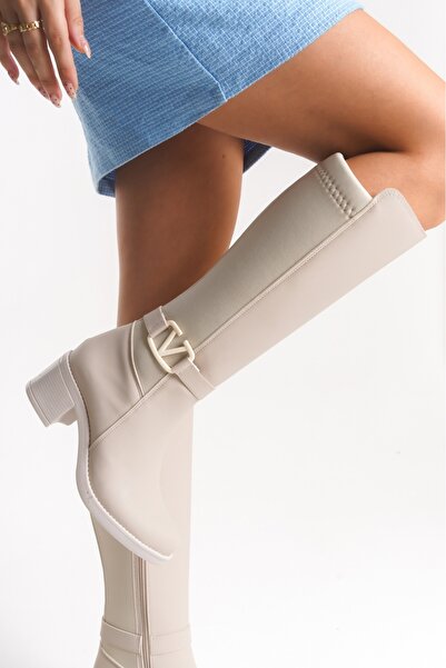 DORA Beige Leather Look Stretchy Back Flexible Thick Medium High Heeled V Metal Detail Zippered Long Boots