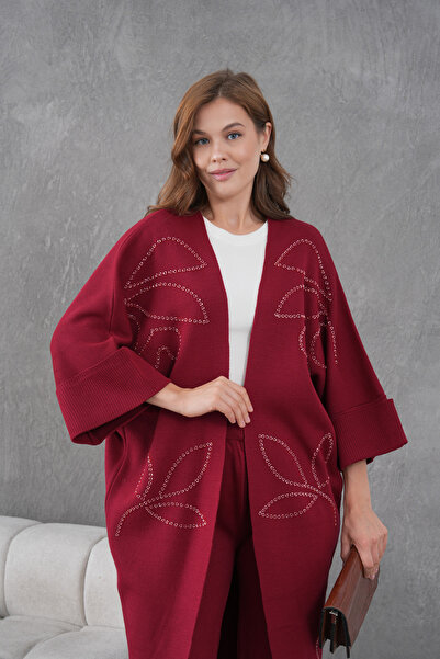 Miss Allos Women's Beaded Wide-Fit Knitwear Cardigan and Pants Bottom-Top Set