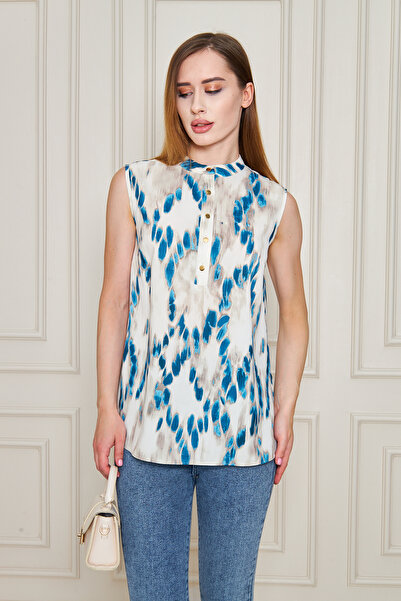 UNIQUE LADY بلوزة نسائية بدون أكمام بياقة حكيم - بنمط تجريدي وتفاصيل أزرار