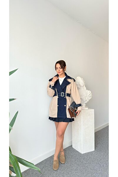 QİMYA BUTİK Keyymod Women's Denim Garni Detailed Gabardine Trench Coat