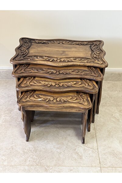 Arıkmert El Sanatları Maraş El Oyma 4’lü Servis Sehpası – 65x40x50 cm Ceviz A...