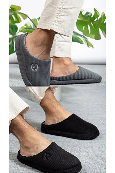 Hızlı Al 2 Pack Men's Winter House Slippers. Embroidered Velvet Embroidered Soft Men's Winter Slippers