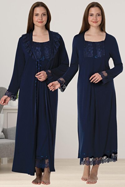 Lohusa Homewear Set de 2 cămăși de noapte pentru femei, albastru marin, cu da...