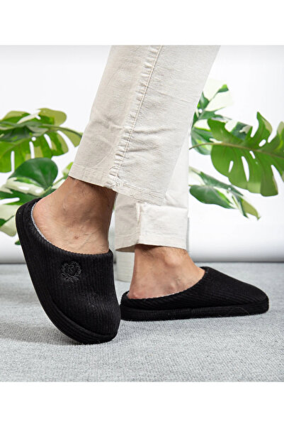 Hızlı Al Men's Winter House Slippers. Embroidered Velvet Pattern Comfortable Soft Sole Fur Lined Men's Guest Slippers.