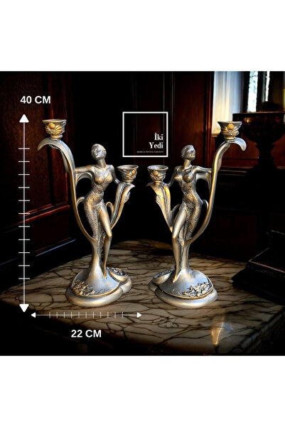 77 Lindsay Dekoratif Kadın Figürlü 2’li Şamdan Art Deco Lüks Mumluk Salon Antre Şık Dekorasyon Objeler