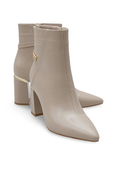 Women Lay-z Kadın Topuklu Bot Sivri Burun Bej Kırışık Gold Detaylı 8.5 Cm Kalın Topuk Şık Modern Tasarım