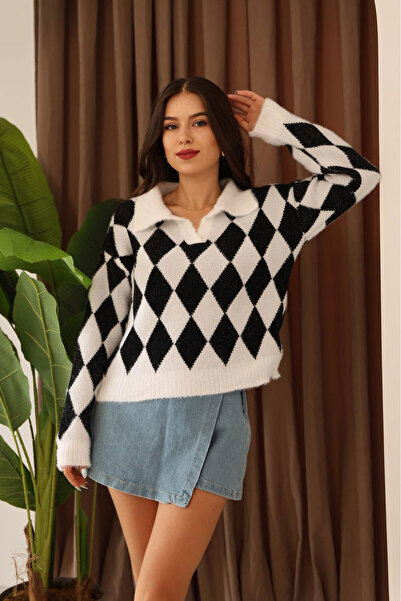 Nazline Pulover tricotat cu mânecă lungă, cu guler cămașă, cu model Baklava