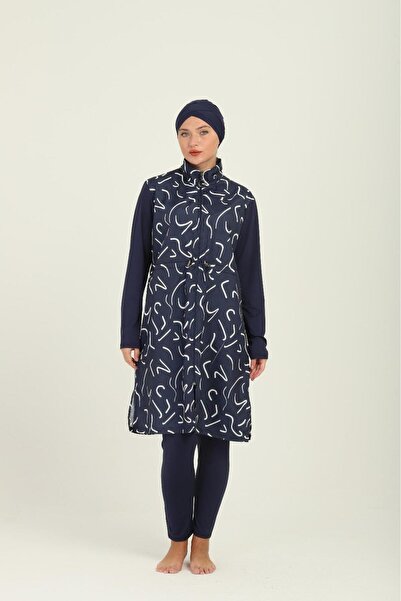 VAJESTO Kadın Lacivert Boydan Fermuar Tesettür Mayo Beli Ayarlanabilir Lastik...