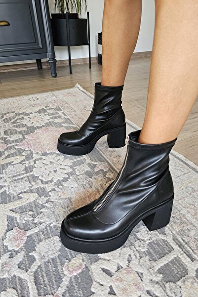 Topukla Footwear OPS 022 120604 Topukla Kadın Hakiki Deri Önden Fermualı Kalın Topuklu Bot