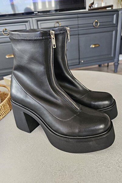Topukla Footwear OPS 022 120604 Topukla Kadın Hakiki Deri Önden Fermualı Kalın Topuklu Bot