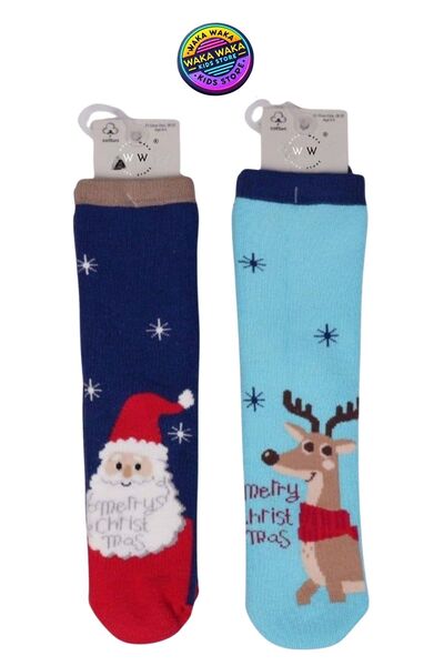 ww waka waka kids store Children's Christmas Themed Socks Set - 2-Piece Santa Claus & Deer Patterned Thermal Socks