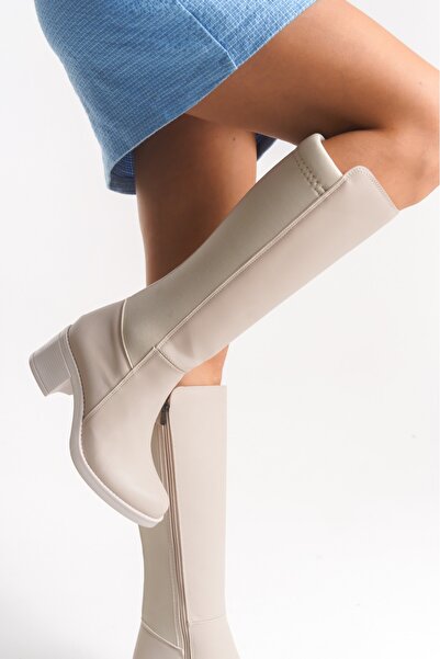 DORA Stretchy Back, Flexible Thick Mid-High Heels, V Metal Detail, Zippered Long Boots