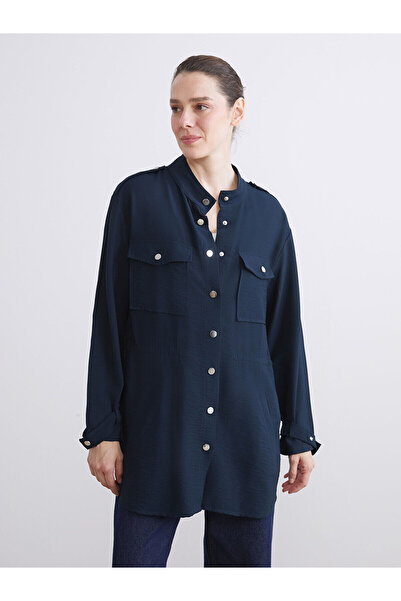 LC Waikiki سترة نسائية ذات ياقة حكيمية باللون الأزرق الداكن مع رباط