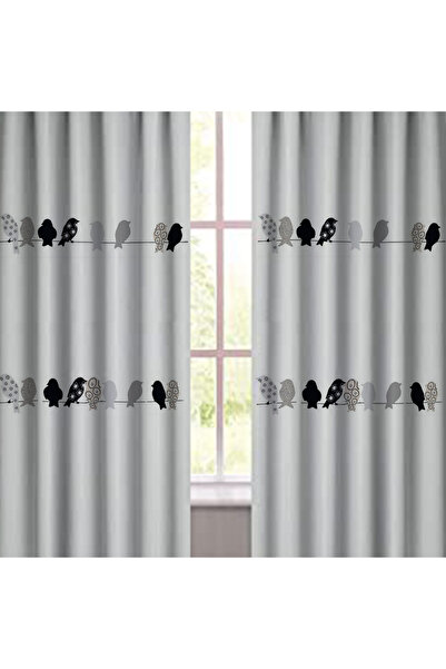 artwork MİLİMALİST KUŞ DESEN BASKILI GRİ RENK KARARTMA BLACKOUT FON PERDE ( PİLESİZ )