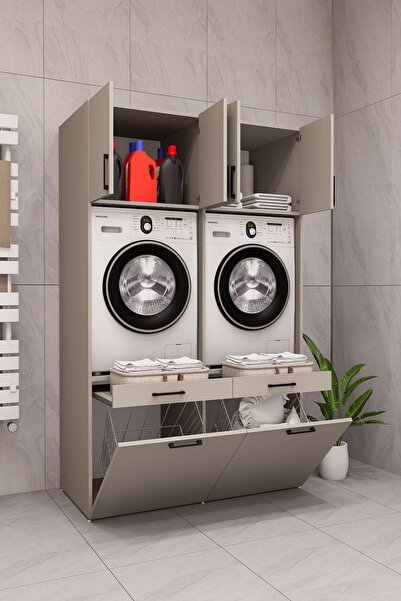 DEMİRBAL MOBİLYA Mdf Çamaşır Makinesi Kurutma Makinesi Dolabı Kirli Sepetli