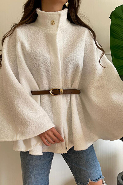 Nazline Women's Oversize Belted Detailed Boucle Fabric Poncho