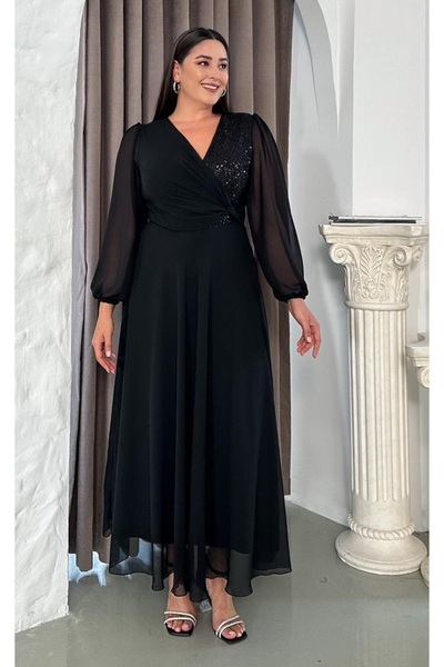 Butik Nilyam Жіноче плаття великого розміру з круазевим коміром, довгими рукавами, паєтками та шифоном 24087