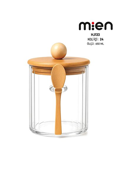 MİEN Kaşıklı Cam Kavanoz-650ml , Çok Amaçlı Kavanoz, Vakumlu bambu kapak