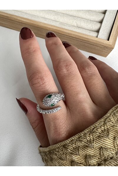 ringbox Silver Color Green Stone Snake Ring
