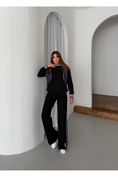 QİMYA BUTİK Buketli̇ Women's Ribbed Denim Garnished Long Sleeve Knitted Oversize Double Set