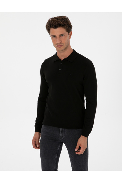 Pierre Cardin Black Slim Fit Polo Neck Basic Knit Sweater 50315405-Vr046