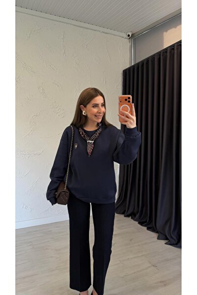 elif teke Puantiye Fularlı Sweatshirt Lacivert