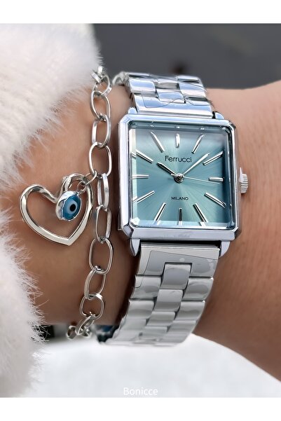 Ferrucci Kadın Saat Kare Kasa Mavi Gümüş ÇELİK Kordon, Orjinal Kutu, Bileklik Hediyeli