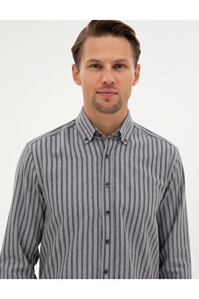 Pierre Cardin Gri Regular Fit Çizgili Uzun Kollu Gömlek 50316710-VR024