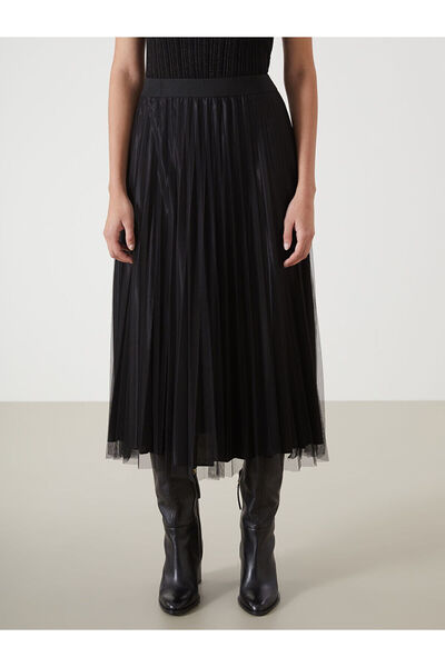 LC Waikiki Siyah Beli Lastikli Şifon Kadın Pileli Etek