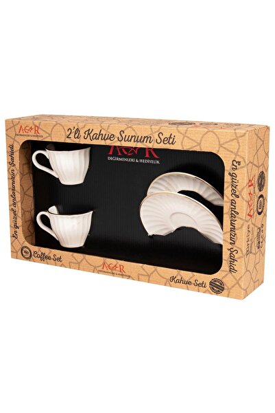 E orient 4-Piece Plain White and Gold Striped Turkish Coffee Cup Set for 2 People