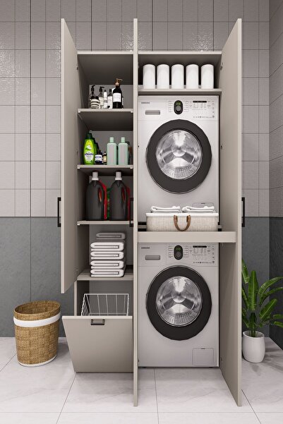 DEMİRBAL MOBİLYA Mdf Çamaşır Makinesi Kurutma Makinesi Dolabı Sepetli Kapaklı