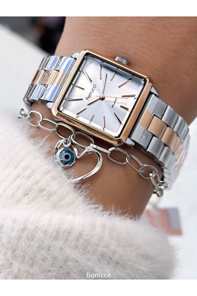 Ferrucci Women's Watch Square Case Double Color Rose Silver Steel Band, Original Box, Bracelet Gift