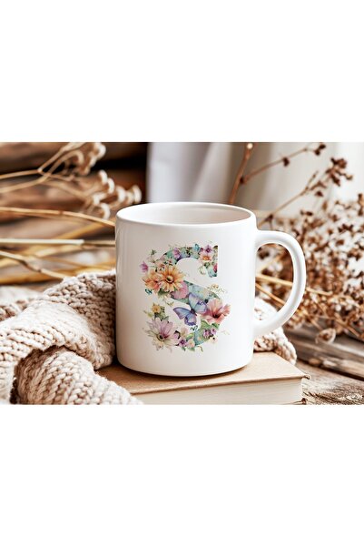 Beramussa Letter S Floral Mug - Soft Color Flower and Butterfly Patterned Ele...