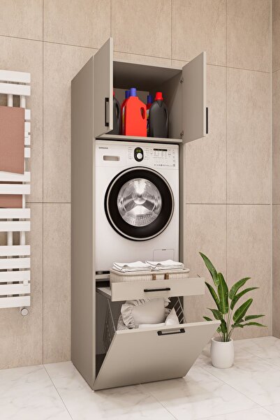 DEMİRBAL MOBİLYA Mdf Çamaşır Makinesi Kurutma Makinesi Dolabı Kirli Sepetli t...