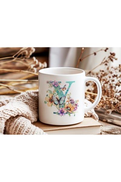 Beramussa كوب على شكل حرف Y مزين بالزهور - كوب قهوة أنيق بنمط زهور وفراشات بأ...