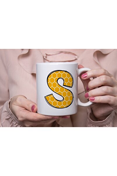 Beramussa كوب بنمط خلية النحل بحرف S - كوب قهوة وشاي هندسي باللون الأصفر والأ...