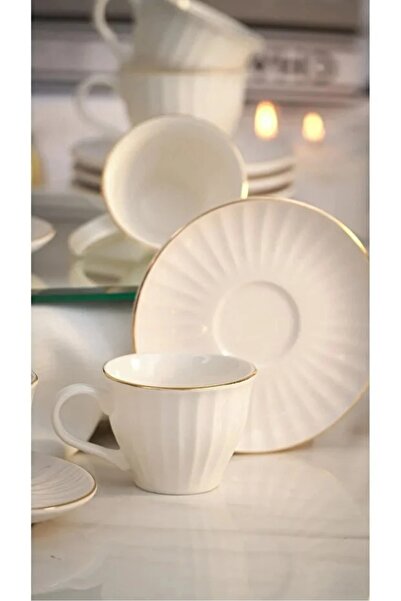 E orient 4-Piece Plain White and Gold Striped Turkish Coffee Cup Set for 2 People