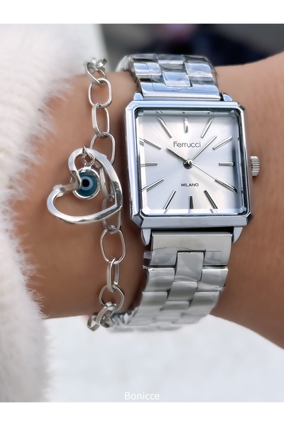 Ferrucci Women's Watch Square Case Silver Steel Band, Original Box, Bracelet Gift