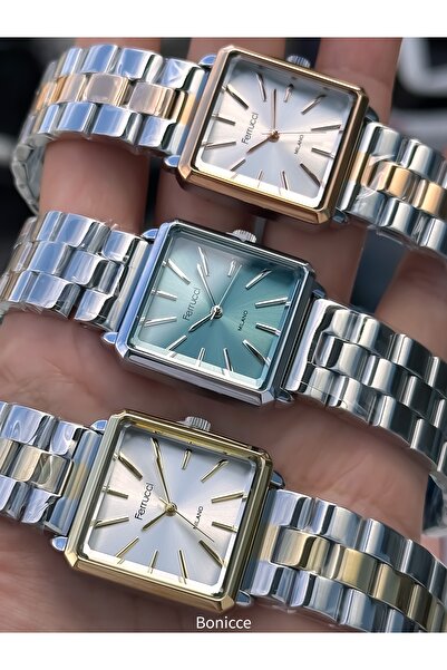 Ferrucci Kadın Saat Kare Kasa Mavi Gümüş ÇELİK Kordon, Orjinal Kutu, Bileklik Hediyeli