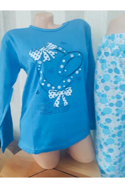 Butik Blue Front Patterned Long Sleeve Top and Long Bottom Women's Pajama Set
