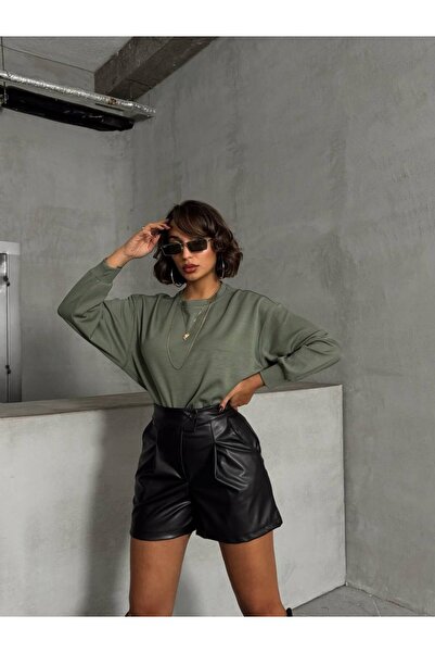 AYLFARWEAR Çift Düğmeli Deri Şort
