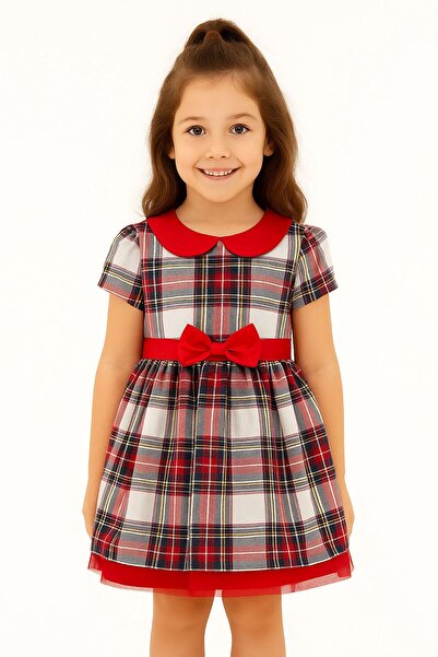ZUZUNGA Girl's Plaid Patterned Bow Tulle (2-6) Age Dress