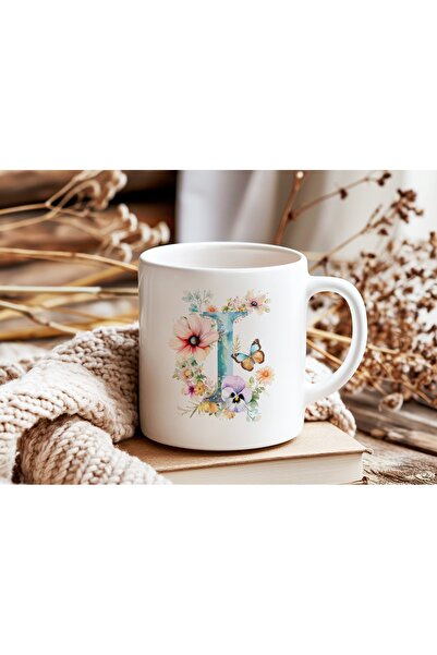 Beramussa كوب على شكل حرف I مزين بالزهور - كوب قهوة أنيق بنمط زهور وفراشات بأ...