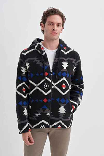 Cazador Vintage Patterned Fur Regular Fit Hooded Black Men's Cardigan 50940