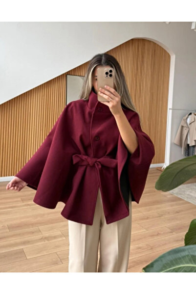 Astrea Butik KUŞAKLI BORDO KAŞE PANÇO