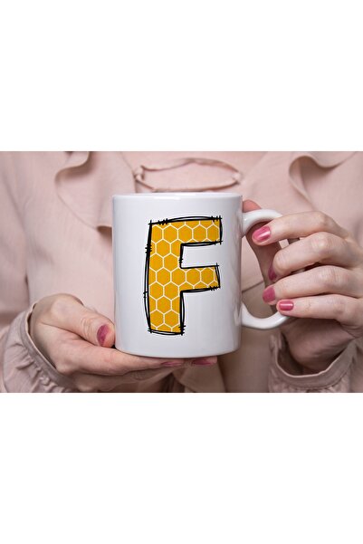 Beramussa كوب بنمط خلية النحل مع حرف F - كوب هندسي للقهوة والشاي باللون الأصف...