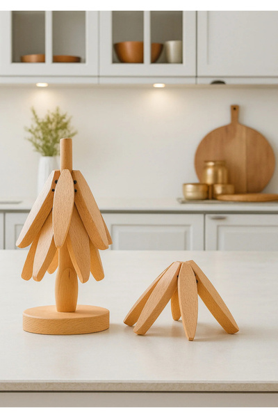 musting Bambu ağaç nihale seti standlı 3 lü ısıya dayanıklı bardak tencere altı katlanır nihale