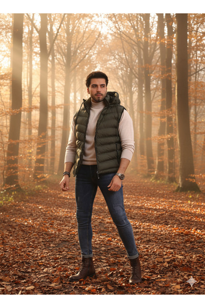 Ayşo سترة رجالية كاكي اللون بسحاب قابل للفصل وقلنسوة للرياضة اليومية