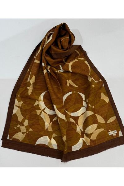 Vakko Cotton Silk Patterned Shawl 41704-Cinnamon-Camel
